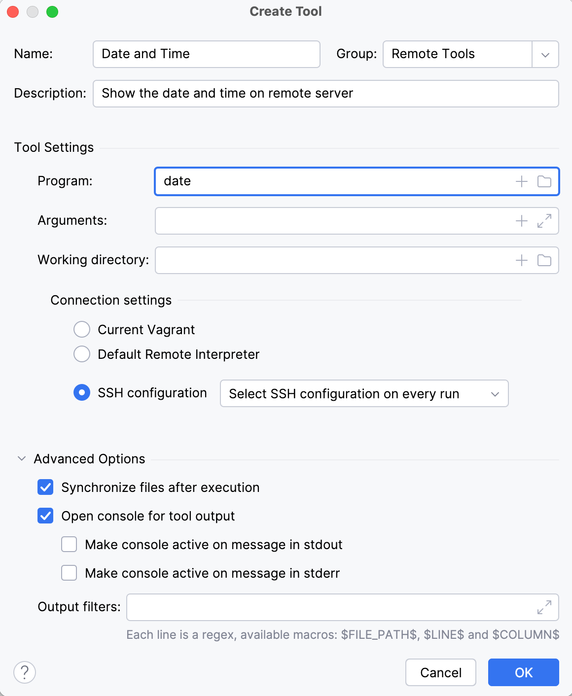 The Create Tool dialog The Create Tool dialog