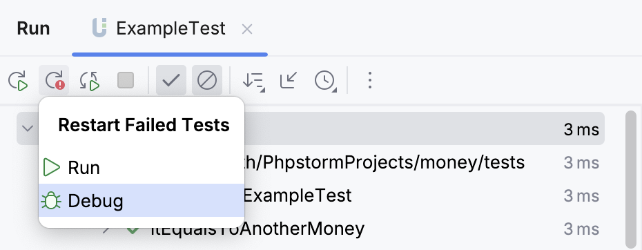 重新启动/调试失败的测试 重新启动/调试失败的测试
