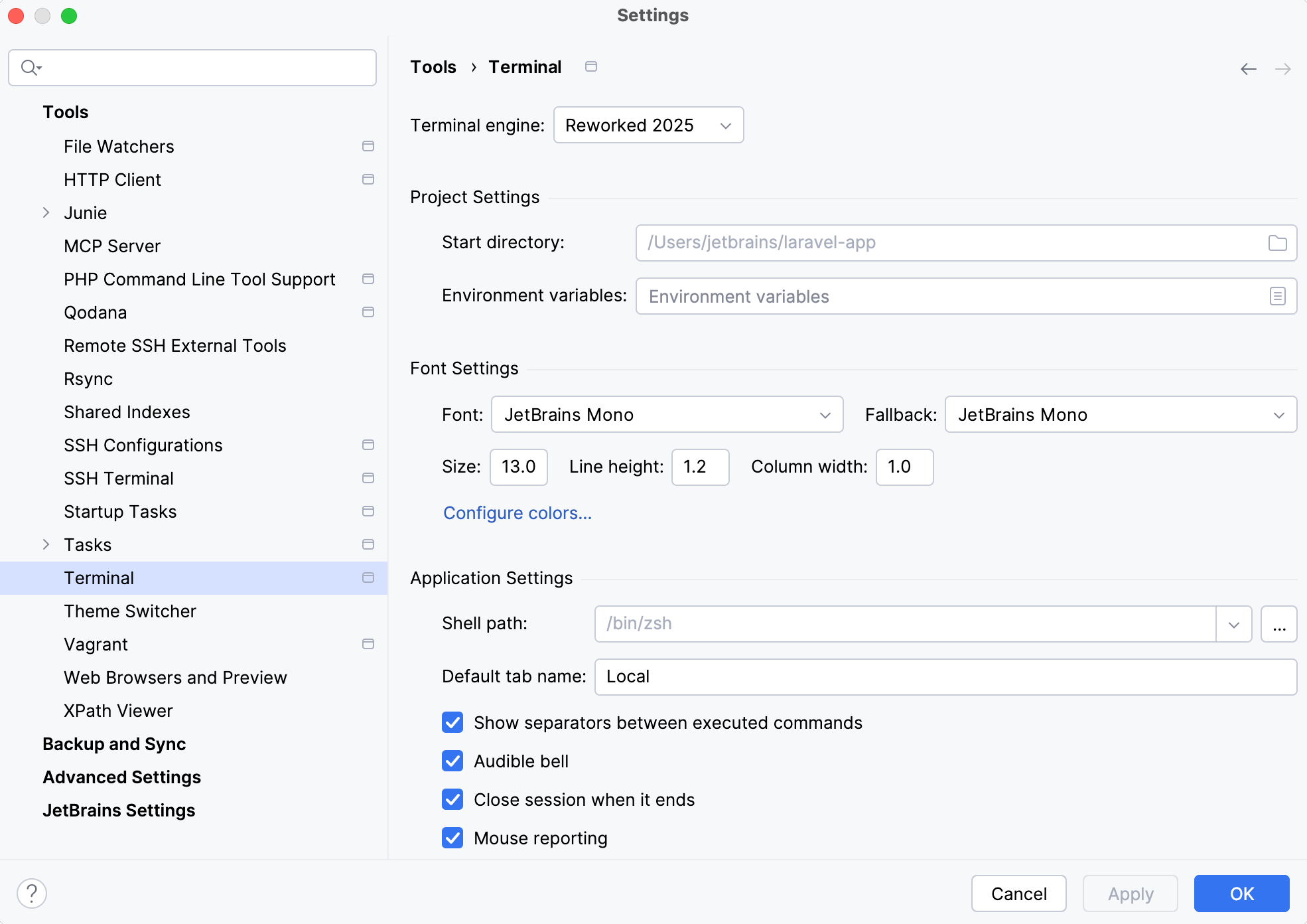 Settings | Tools | Terminal Settings | Tools | Terminal