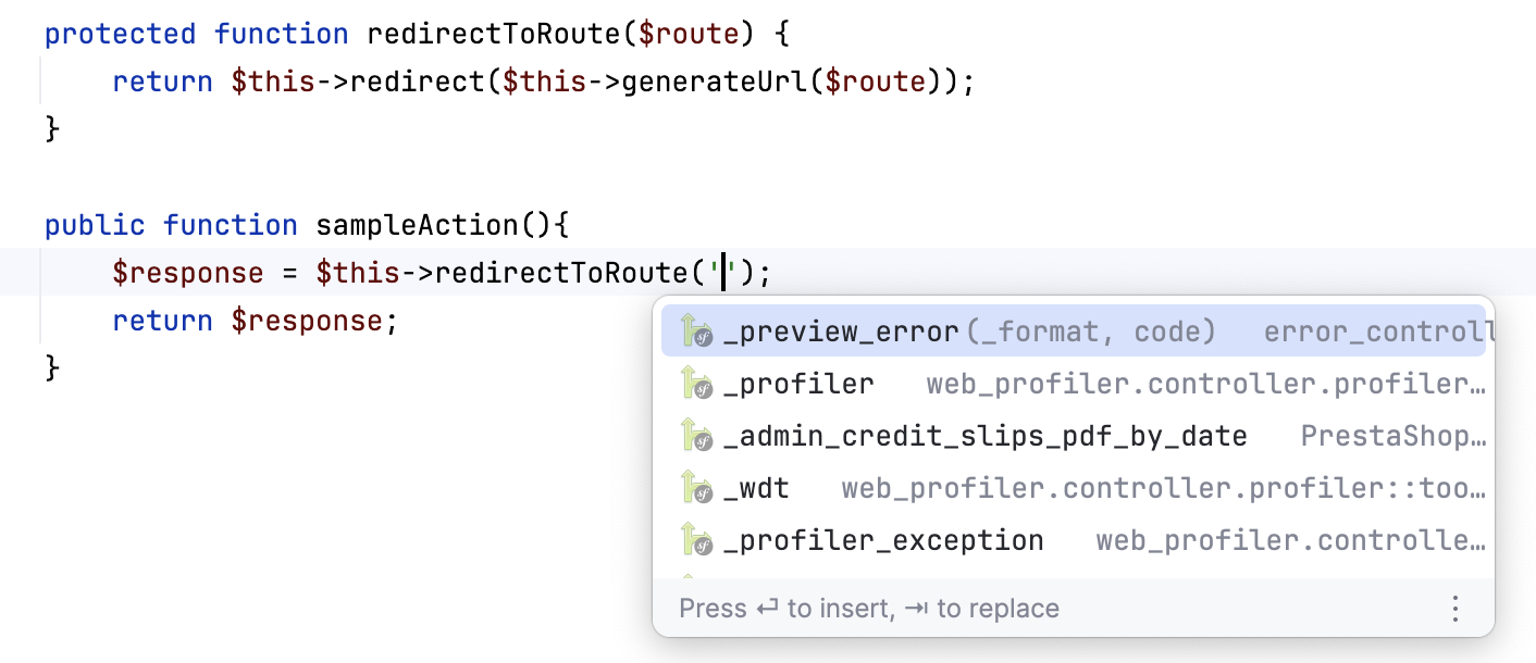 Symfony route name completion in a helper function Symfony route name completion in a helper function