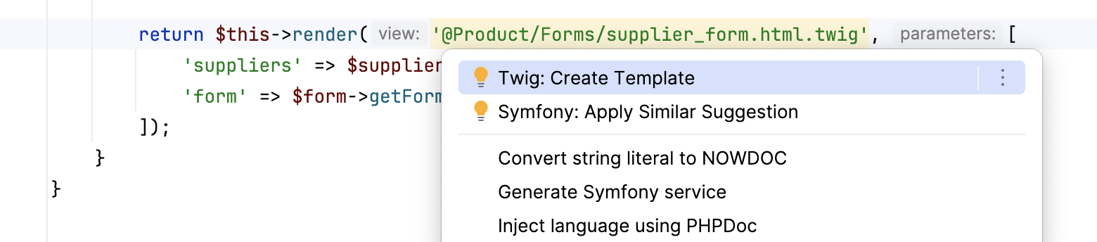 Creating a Symfony template via intention action Creating a Symfony template via intention action