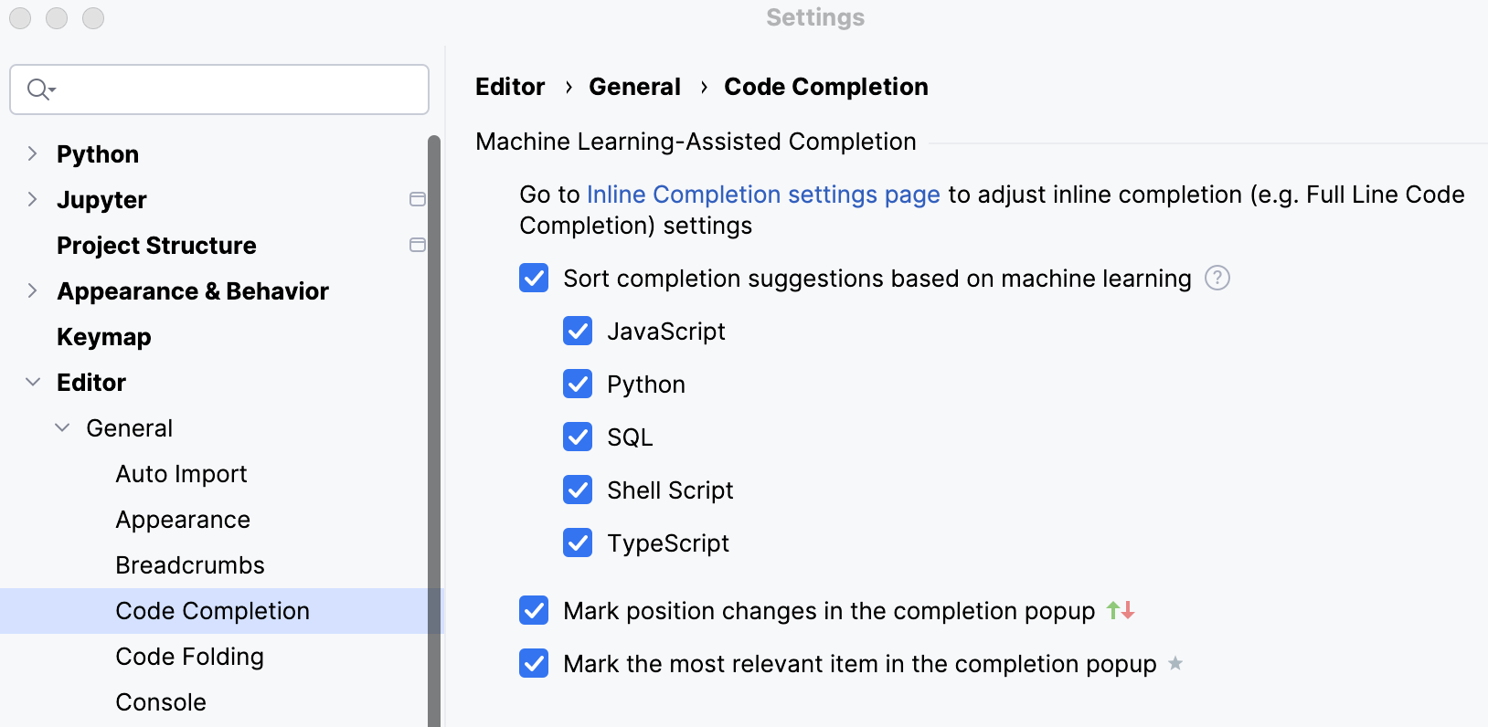 ML-assisted completion settings ML-assisted completion settings