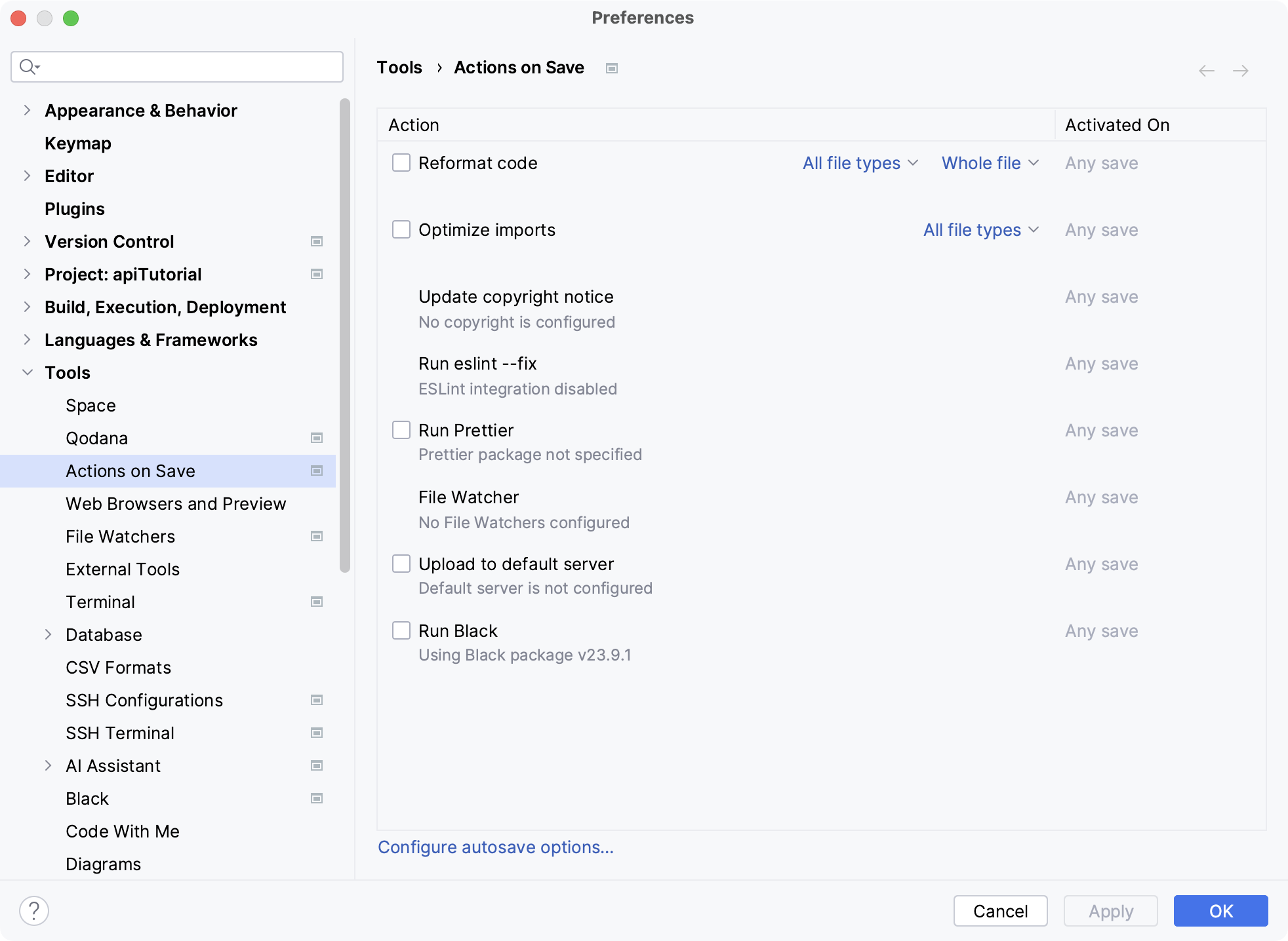 Settings: Actions on save Settings: Actions on save