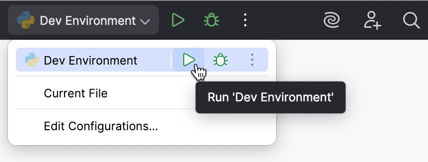 'Run' button near a run configuration in the Run widget menu 'Run' button near a run configuration in the Run widget menu