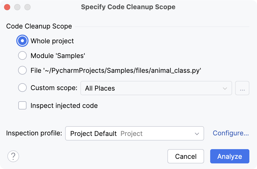 the Specify Code Cleanup Scope dialog the Specify Code Cleanup Scope dialog