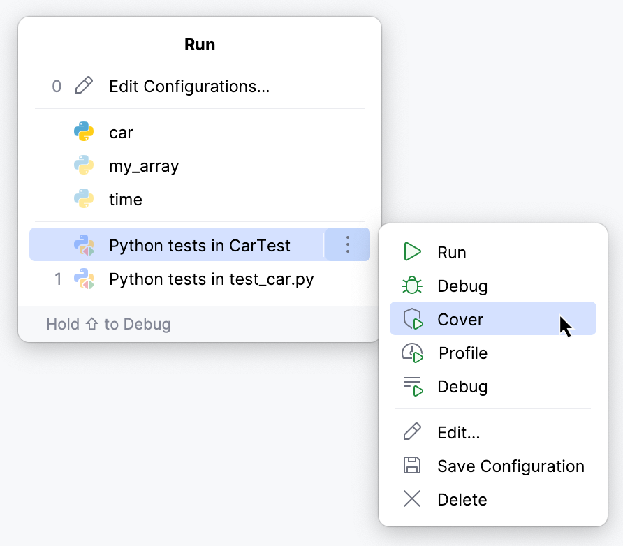 Run with Coverage using popup Run with Coverage using popup
