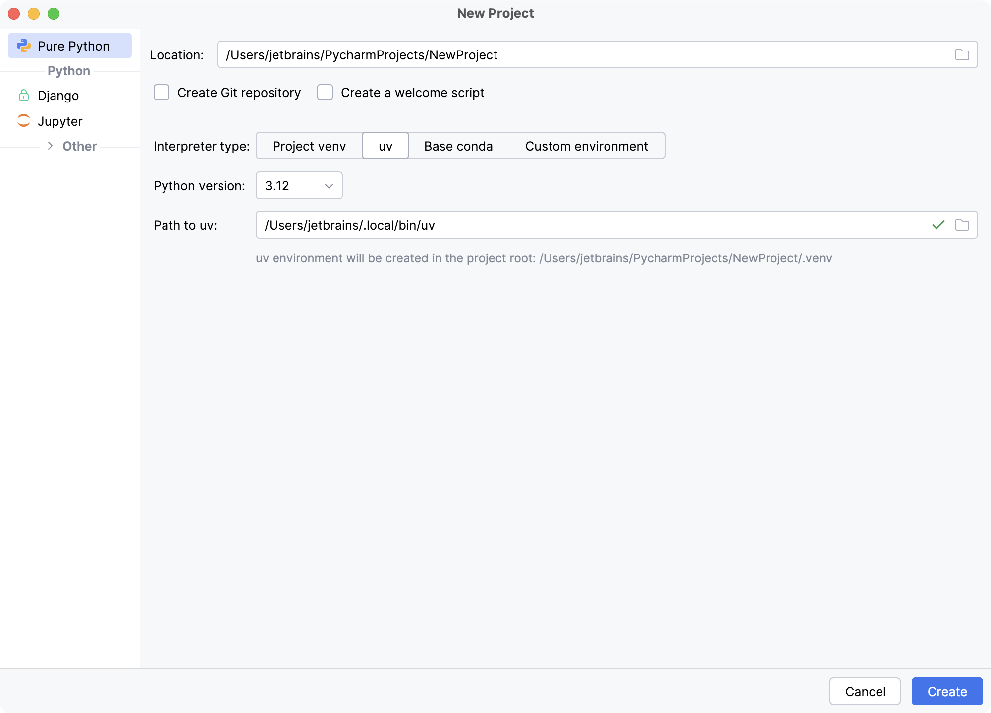Creating a new project in PyCharm