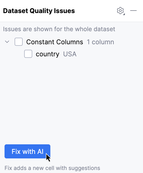 Dataset Quality Issues dialog Dataset Quality Issues dialog
