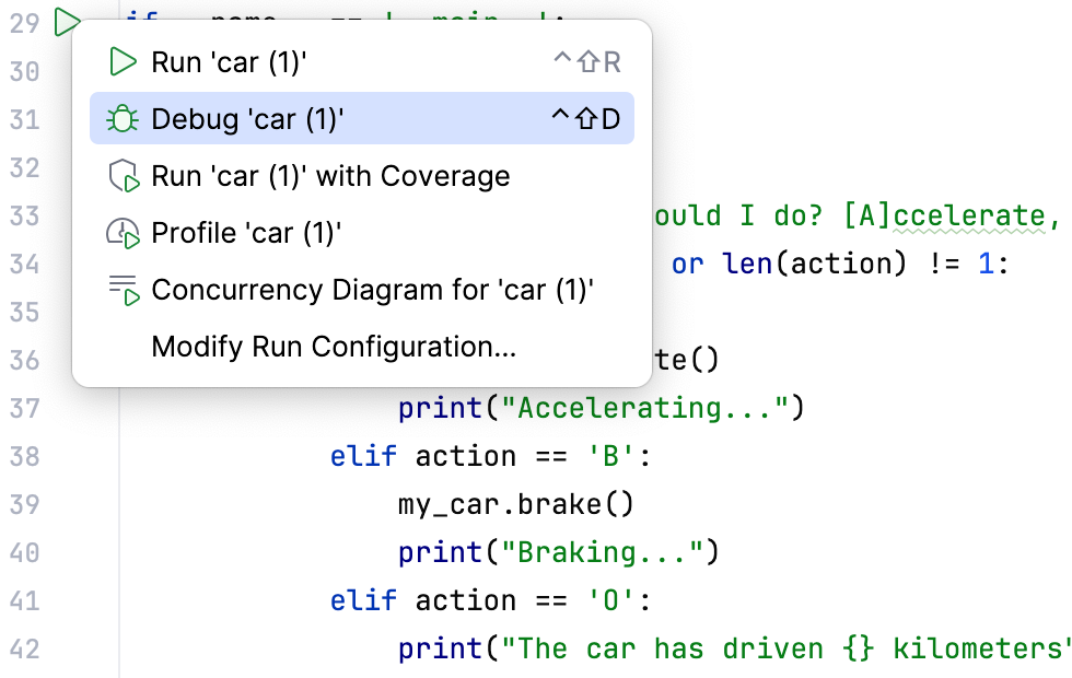 A menu appears on clicking the run button in the gutter A menu appears on clicking the run button in the gutter