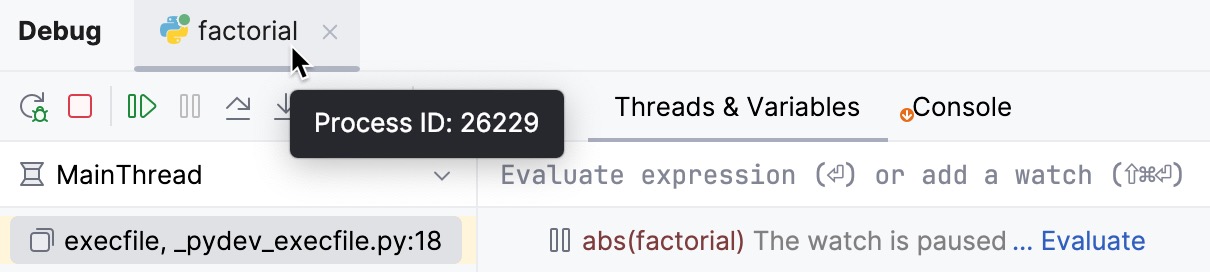 A tooltip with process ID is shown on hovering a session tab in the Debug tool window A tooltip with process ID is shown on hovering a session tab in the Debug tool window