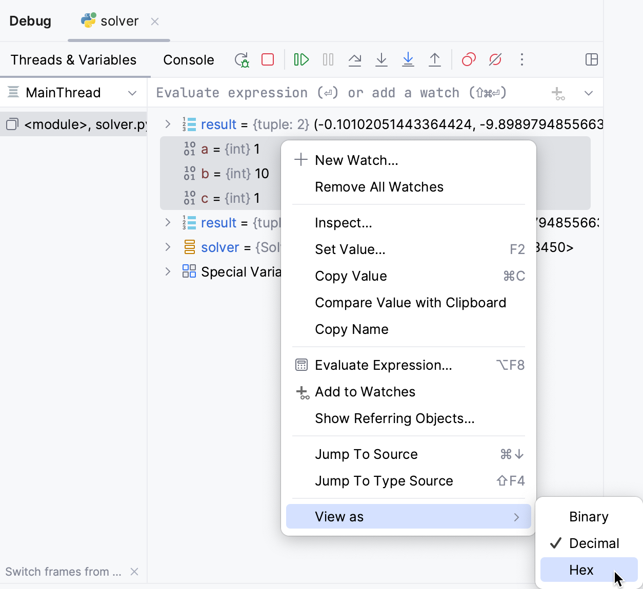 Content menu to preview decimal values in the hexadecimal format Content menu to preview decimal values in the hexadecimal format