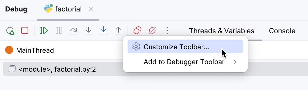 The 'Customize toolbar' option in the context menu of the debugger's toolbar