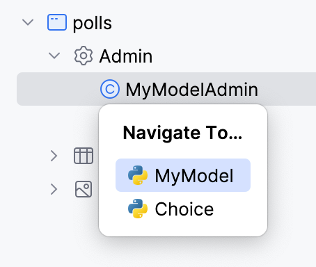 Selecting a model to navigate from the admin class Selecting a model to navigate from the admin class