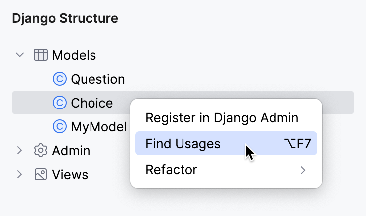 Finding usages of a model in the Django Structure tool window Finding usages of a model in the Django Structure tool window