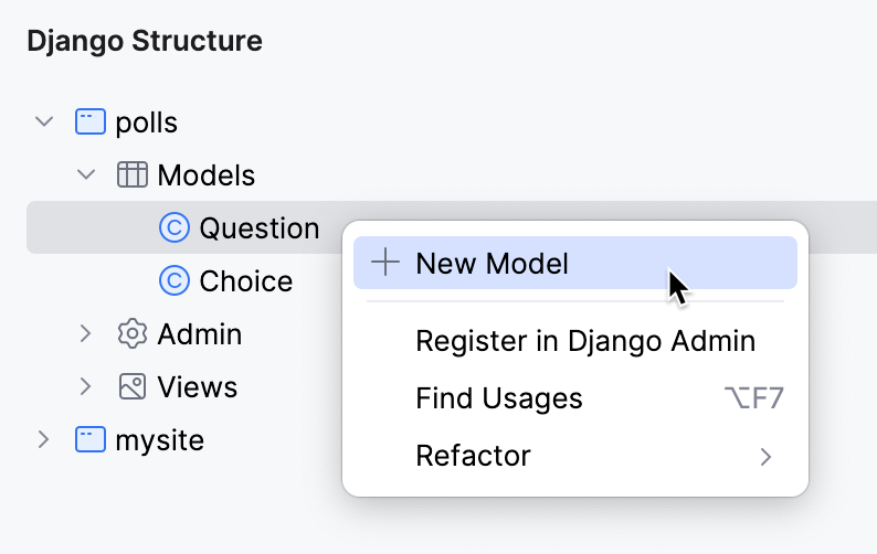 Creating a new model in the Django Structure tool window Creating a new model in the Django Structure tool window