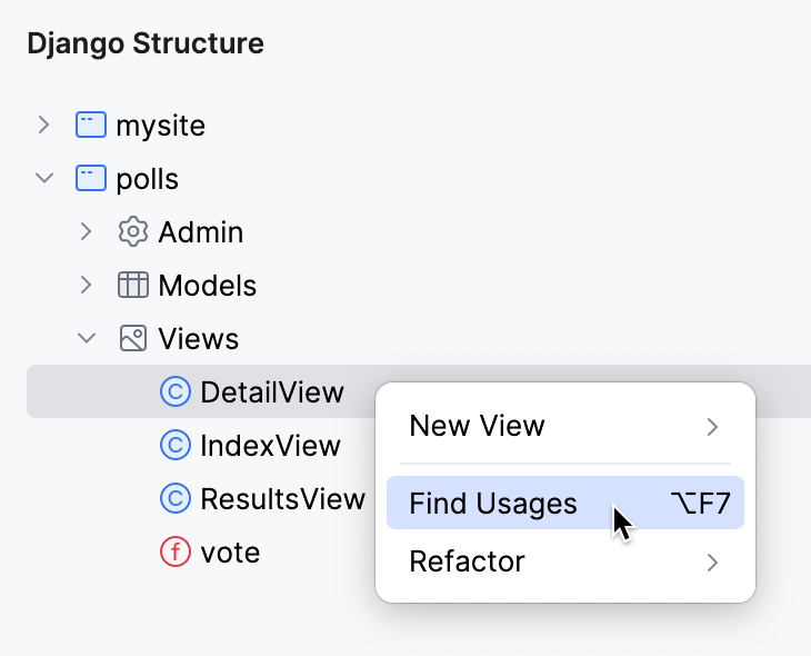 Finding usages of a model in the Django Structure tool window Finding usages of a model in the Django Structure tool window