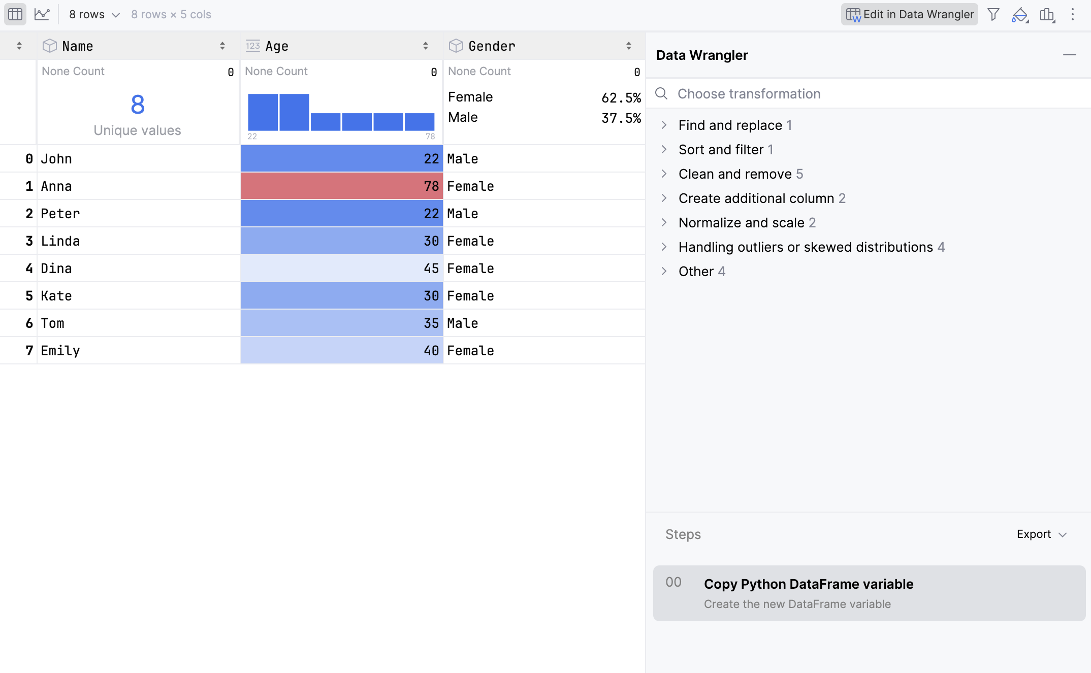 Data Wrangler tab opened Data Wrangler tab opened