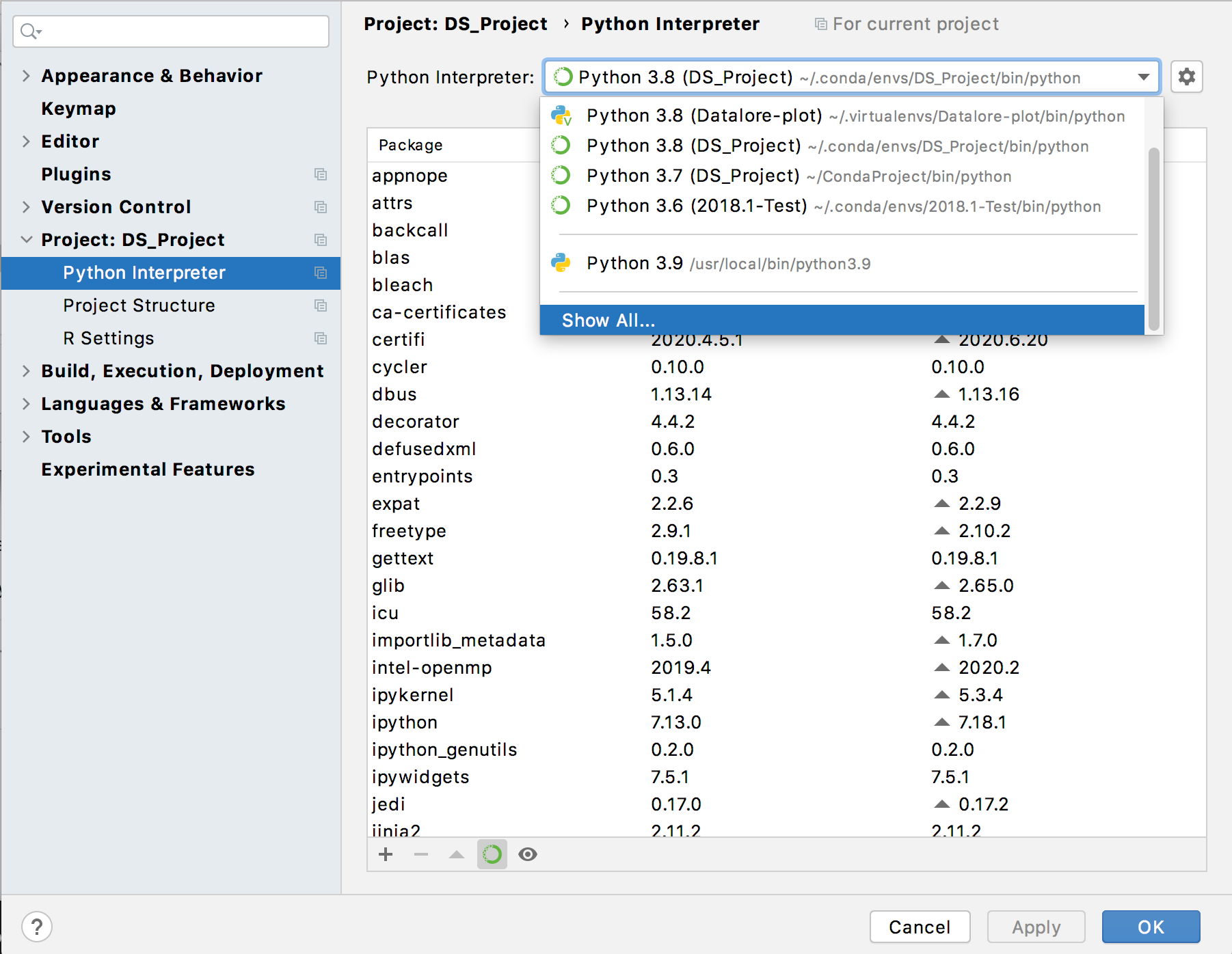 Show all available interpreters Show all available interpreters