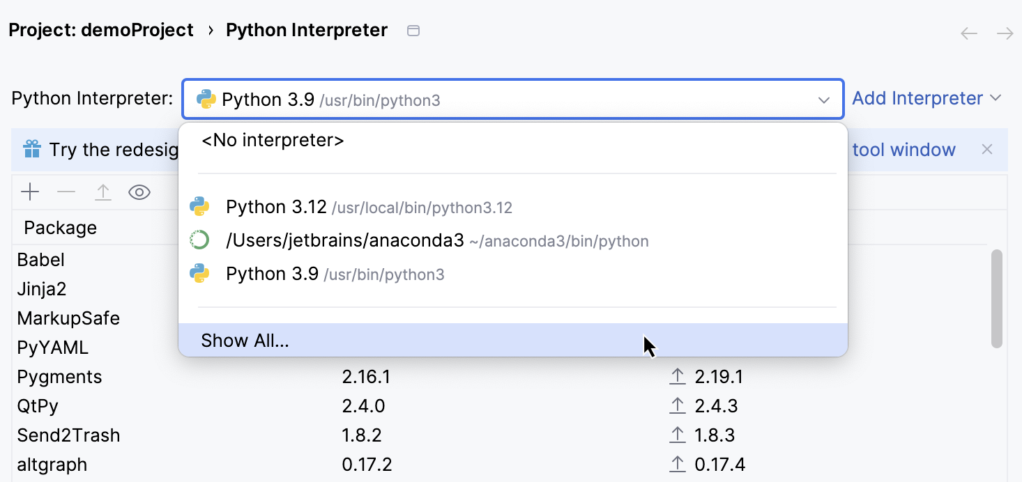 Show all available interpreters Show all available interpreters