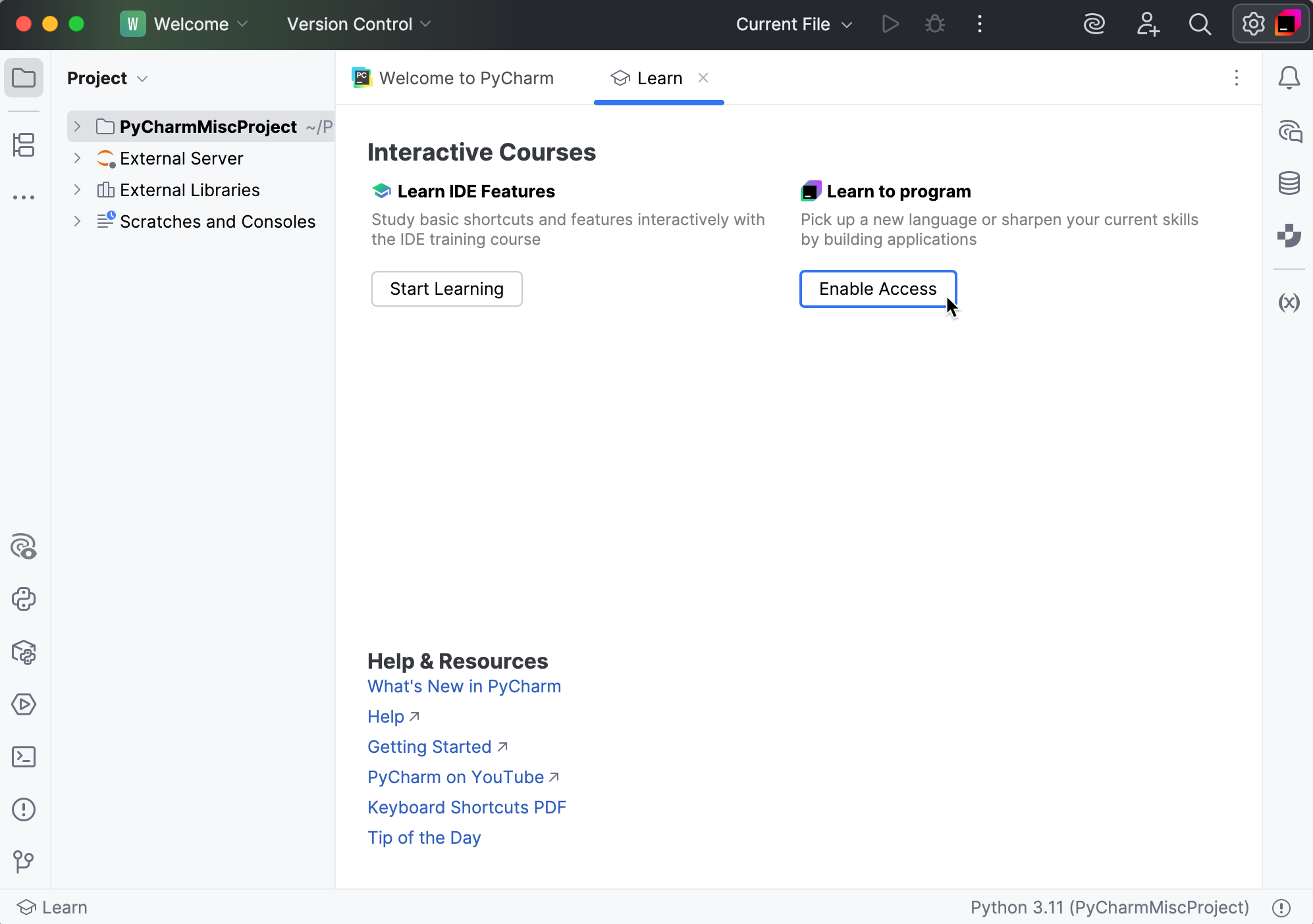 Enable educational features in PyCharm