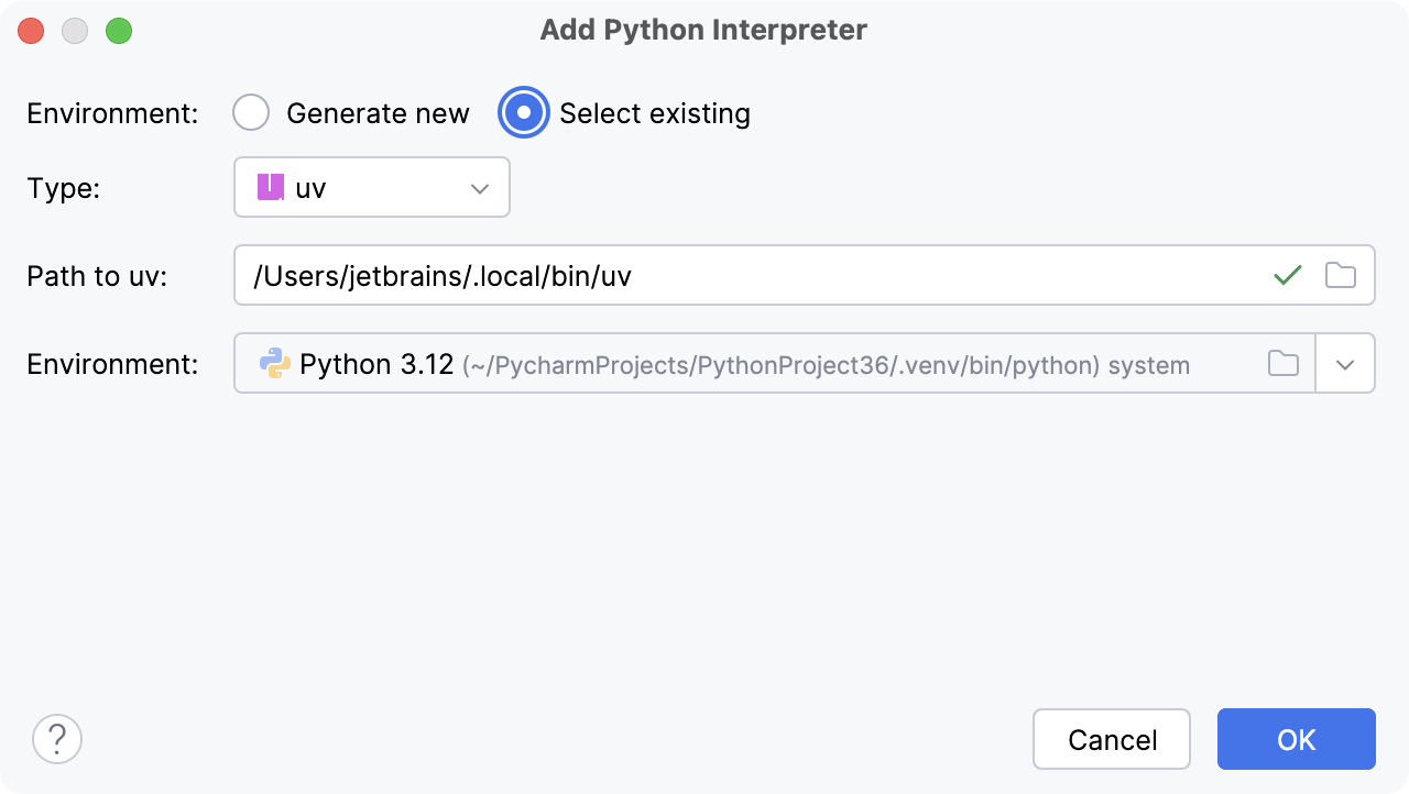 Select existing uv environment