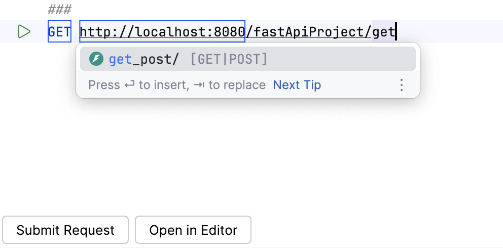 Code completion in the HTTP client Code completion in the HTTP client