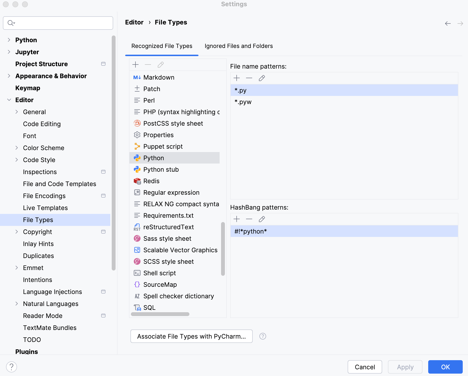Recognized FIle Types in the Settings dialog Recognized FIle Types in the Settings dialog