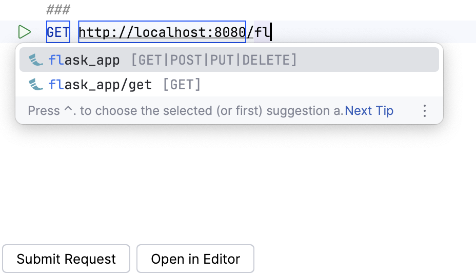 Code completion in the HTTP client Code completion in the HTTP client