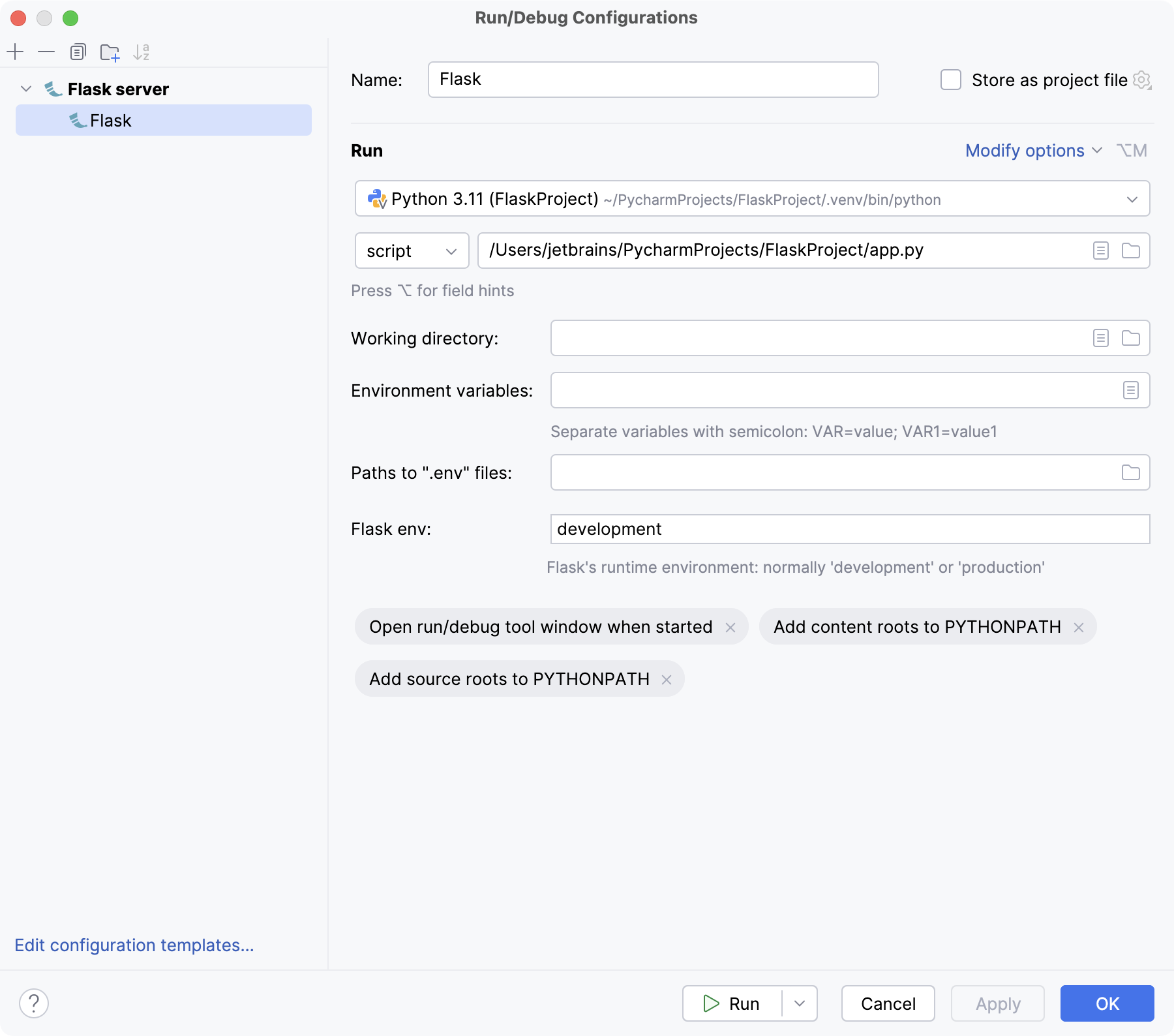 Flask run/debug configuration Flask run/debug configuration