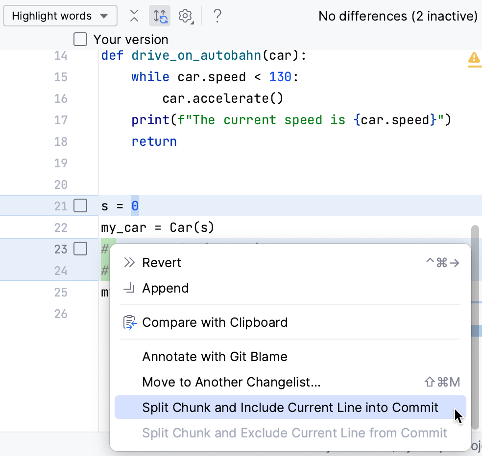 PyCharm: An option to include current line in commit in the context menu PyCharm: An option to include current line in commit in the context menu