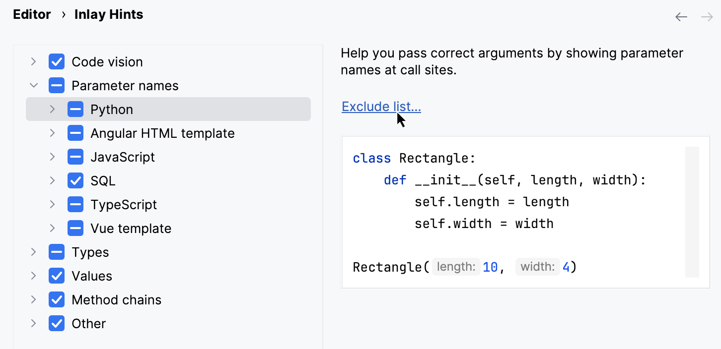 Exclude list for 'Python' in Settings | Inlay Hints Exclude list for 'Python' in Settings | Inlay Hints