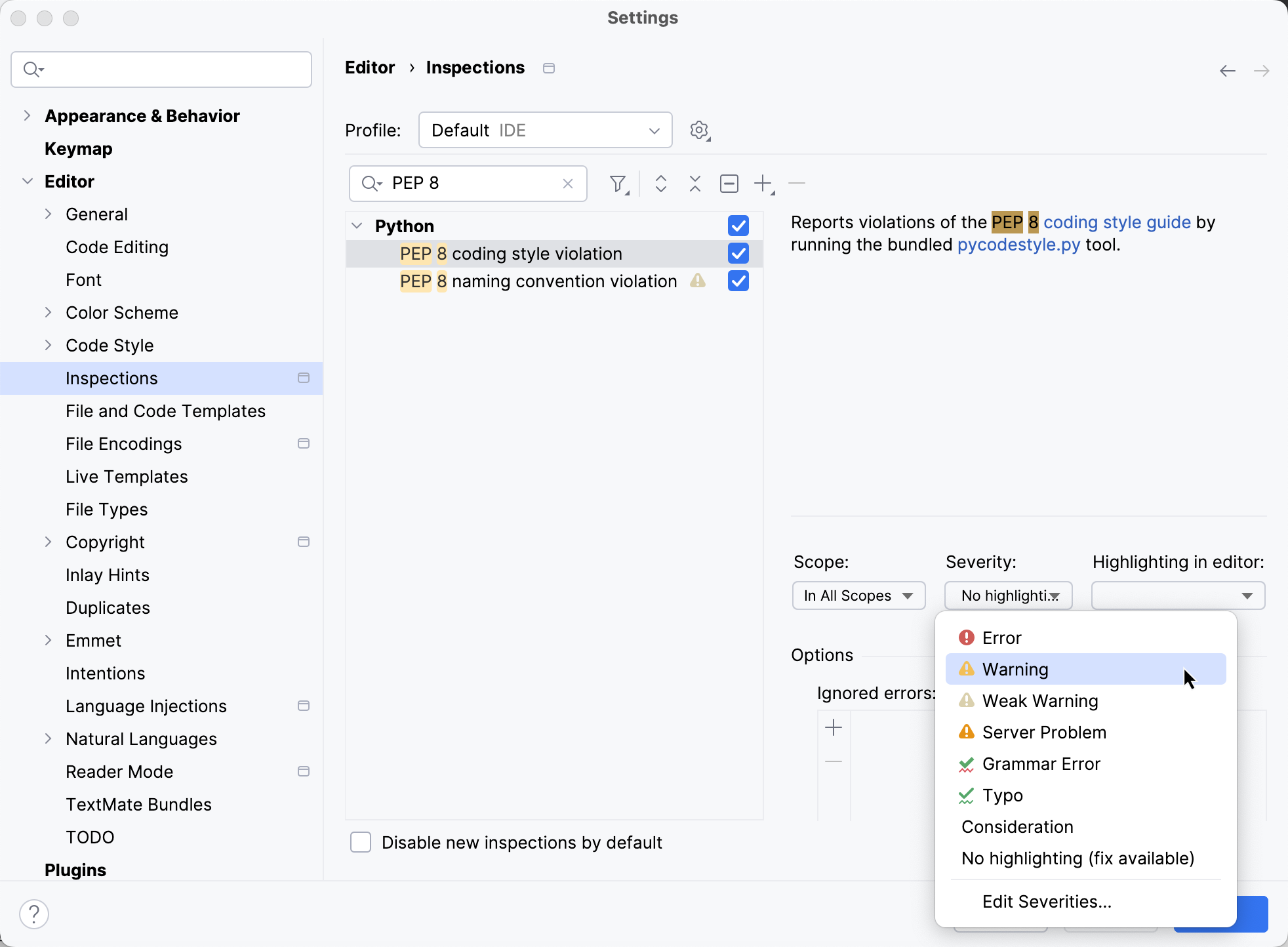Selecting severity level for an inspection Selecting severity level for an inspection