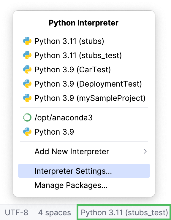 Interpreter Settings menu Interpreter Settings menu