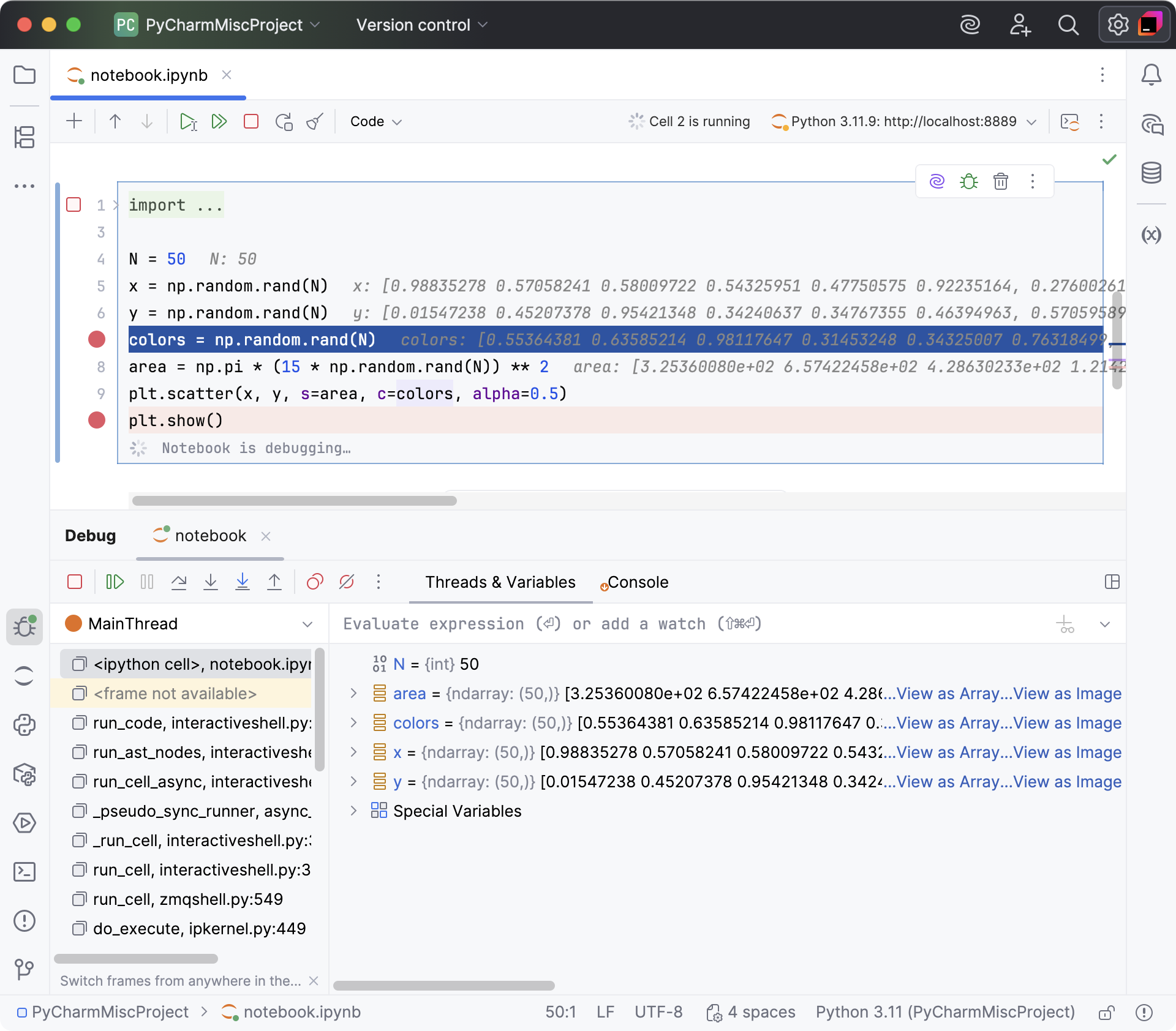 Jupyter Notebook Debugger tool window Jupyter Notebook Debugger tool window