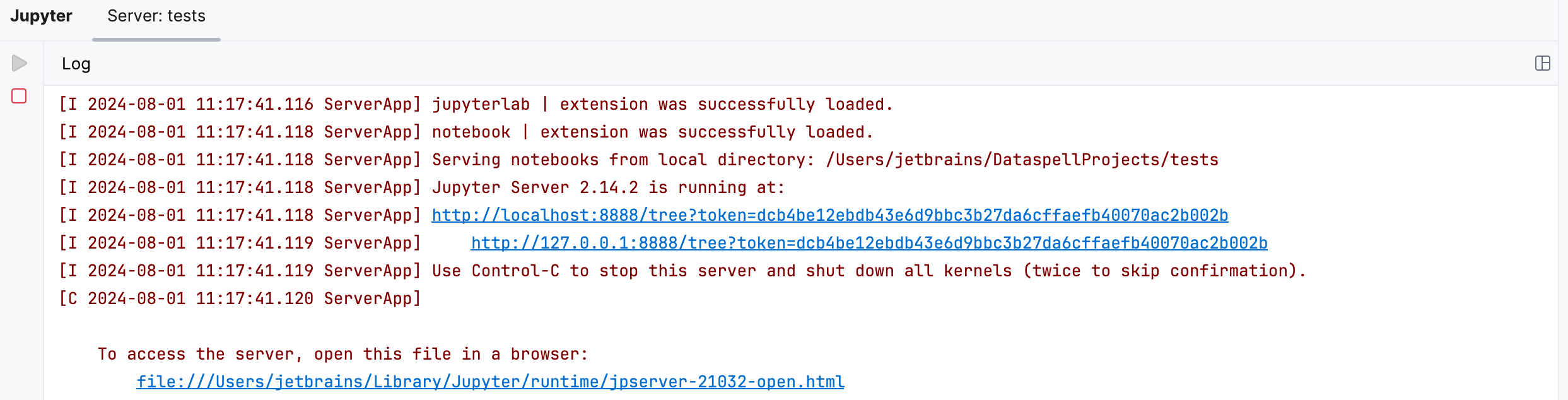 Jupyter server tool window: the Server log tab Jupyter server tool window: the Server log tab