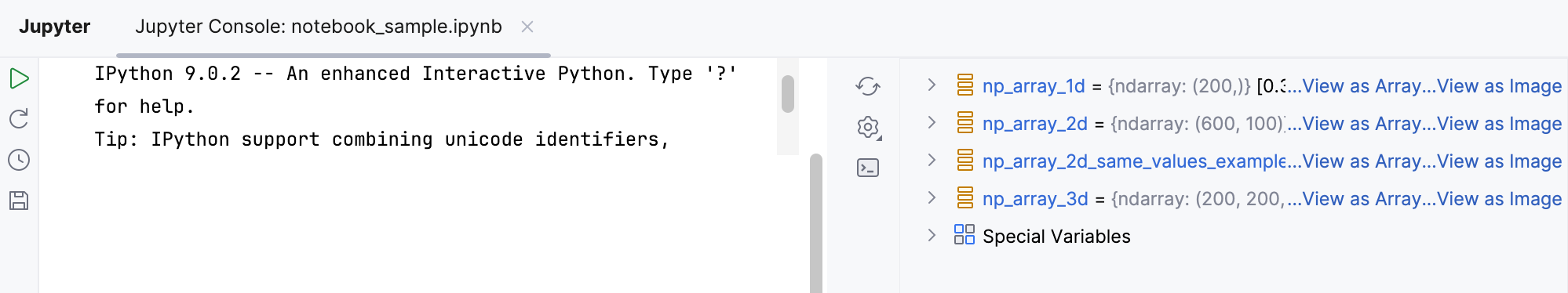 Jupyter tool window: the Variables tab Jupyter tool window: the Variables tab