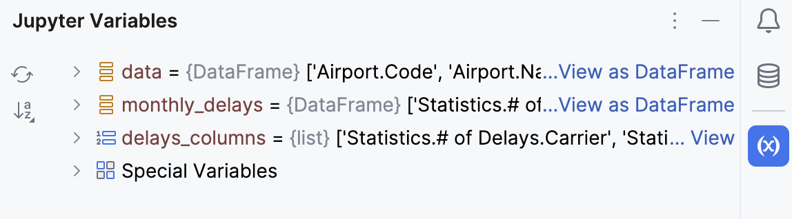 Jupyter Variables tool window Jupyter Variables tool window