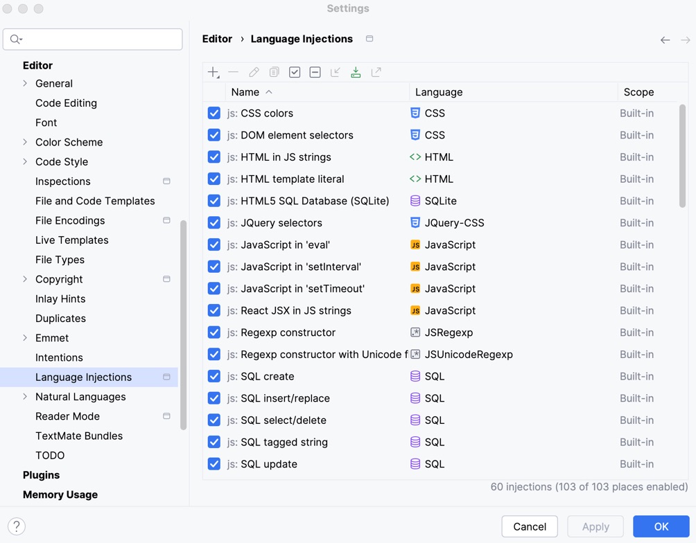 Language injection settings Language injection settings