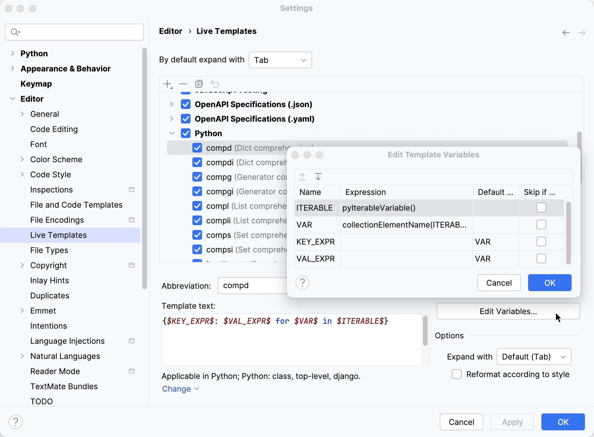 Live template variables Live template variables