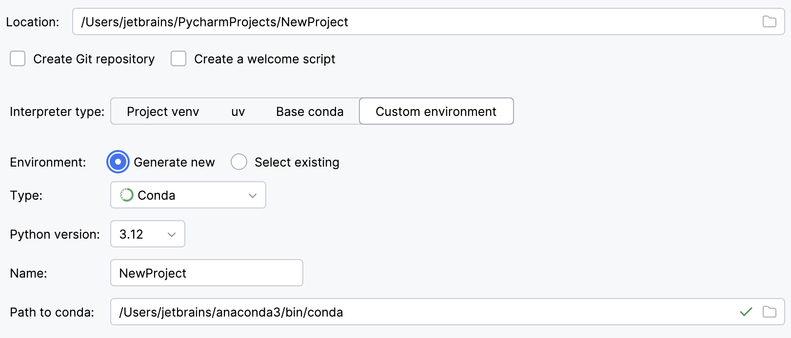Create a project with a conda environment Create a project with a conda environment