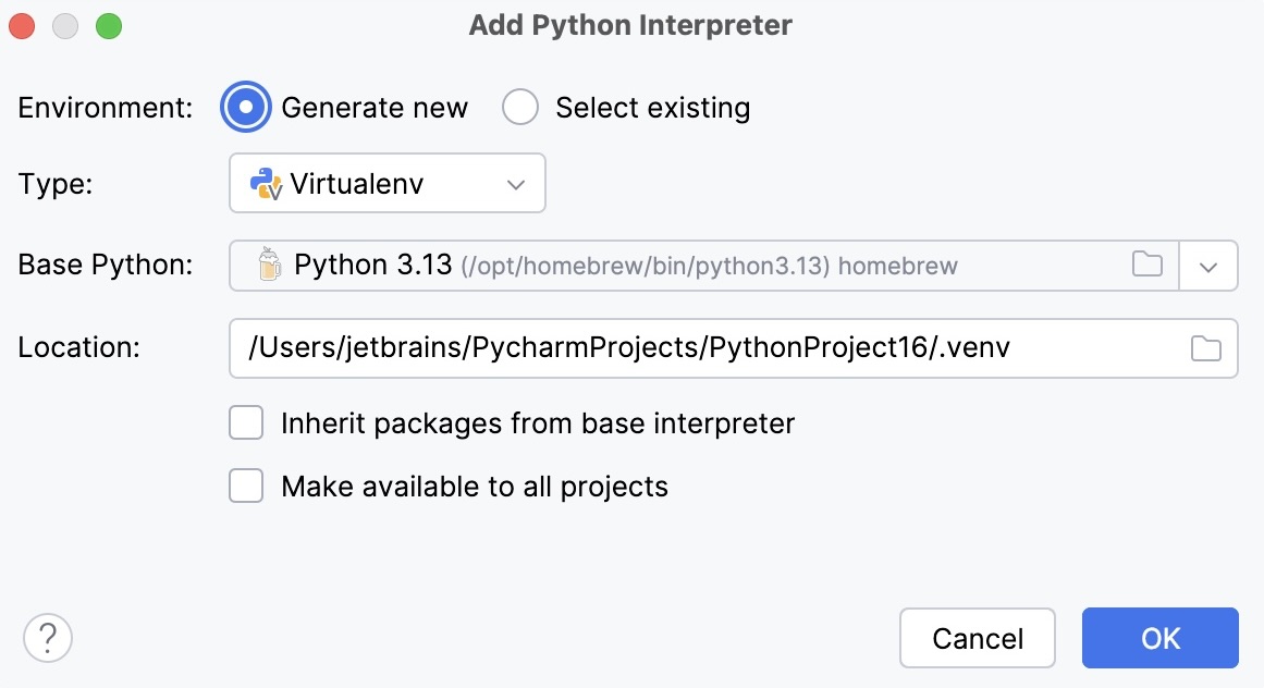 Generate new virtualenv environment