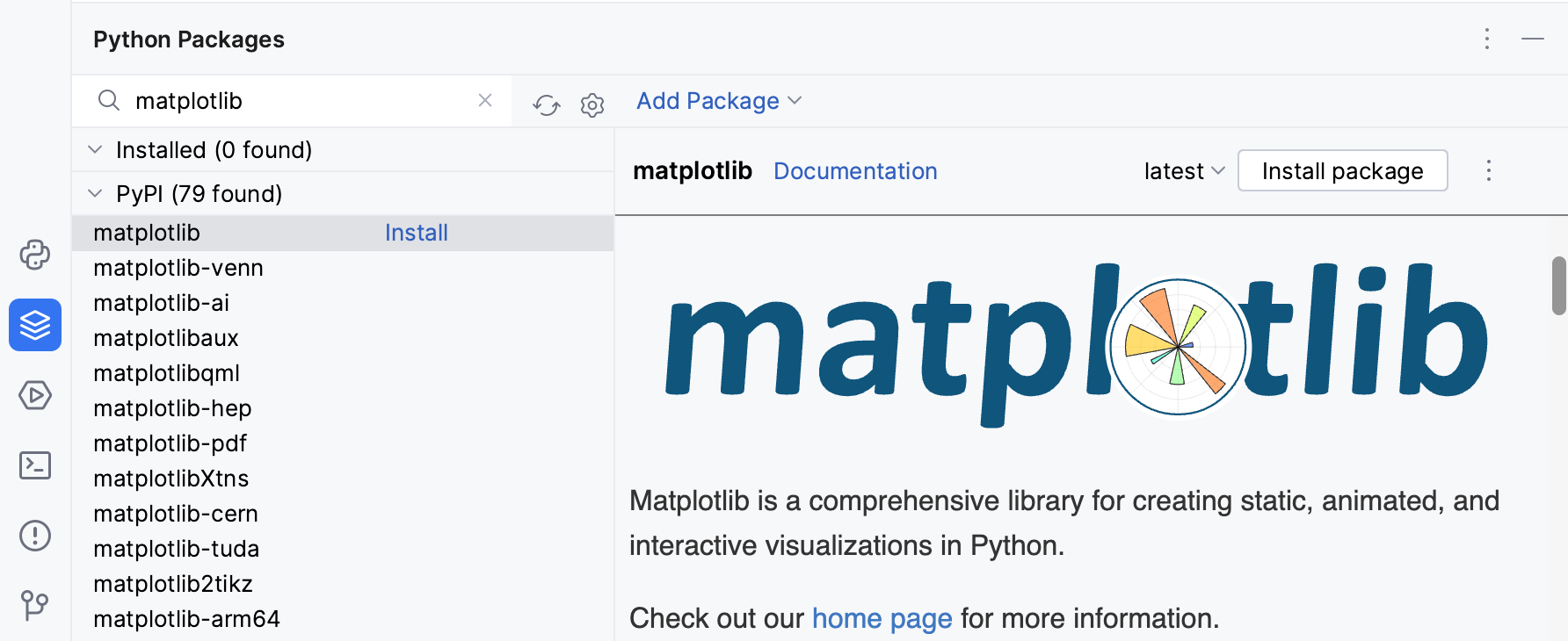 Python Packages tool window Python Packages tool window