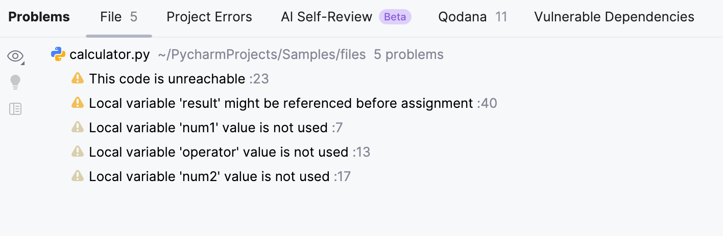 PyCharm: Problems tool window. Current File tab PyCharm: Problems tool window. Current File tab