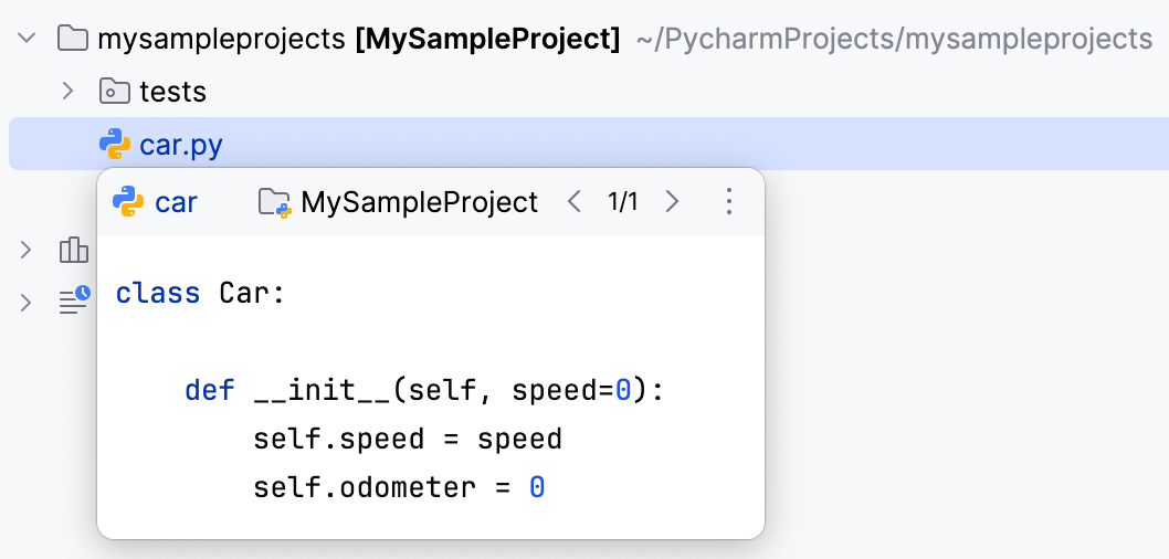 Opening a file preview in the Project tool window Opening a file preview in the Project tool window