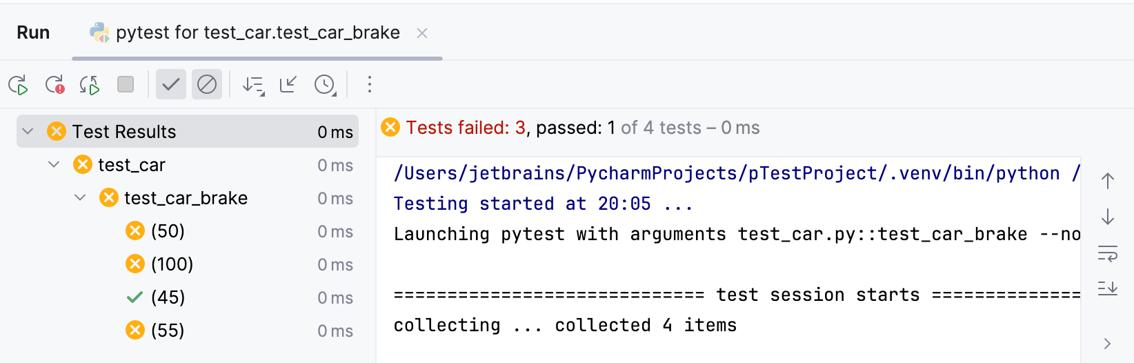 Three tests failed and one test passed for the car.brake function Three tests failed and one test passed for the car.brake function