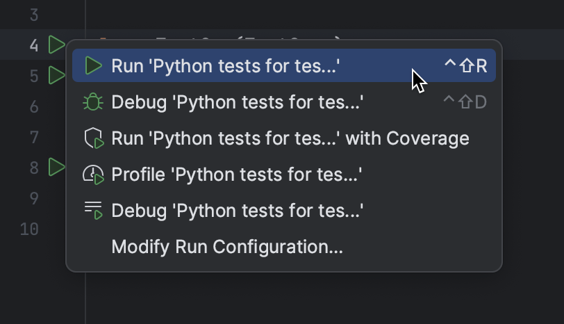 Running a test from the context menu