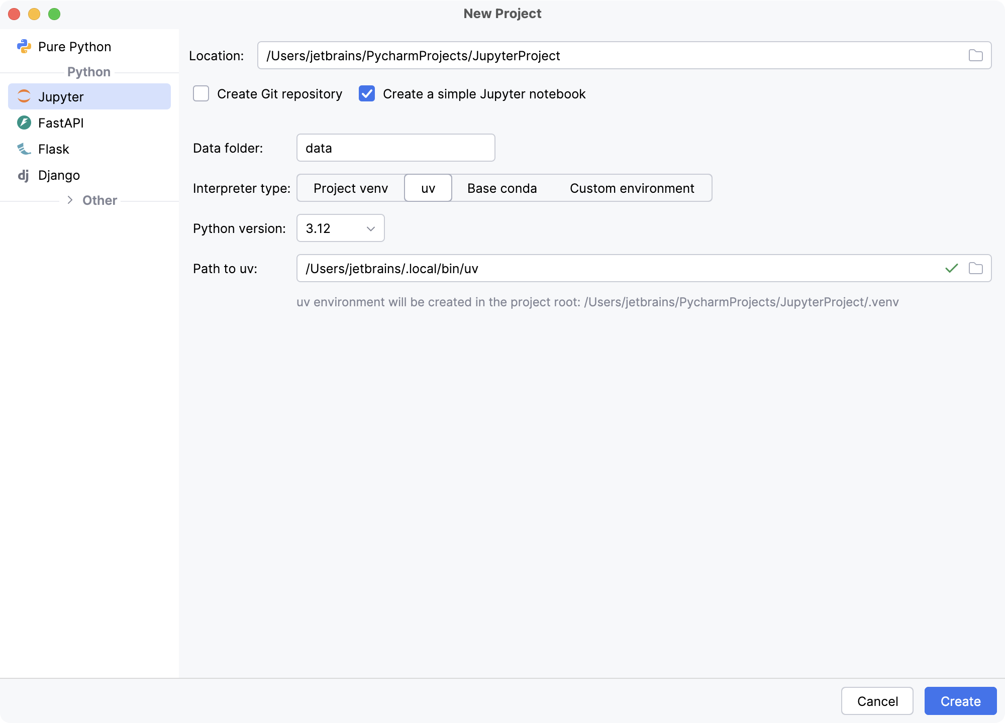 Creating a new Jupyter project in PyCharm