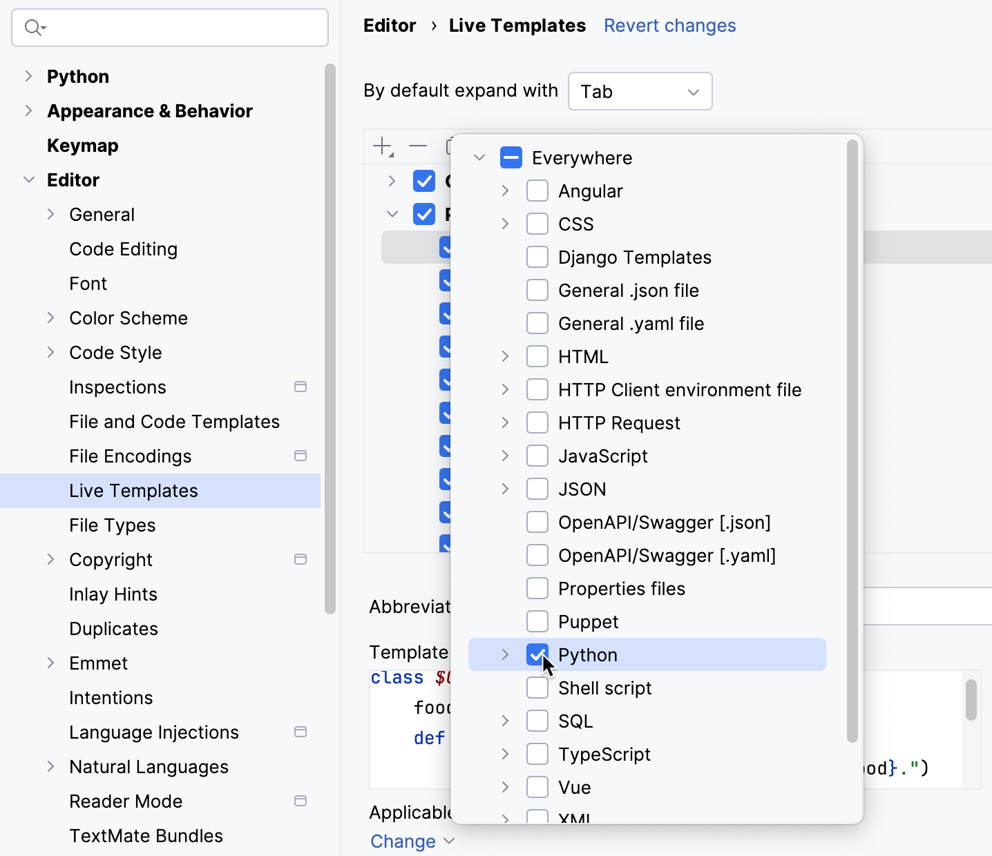 Select the context for the live template Select the context for the live template