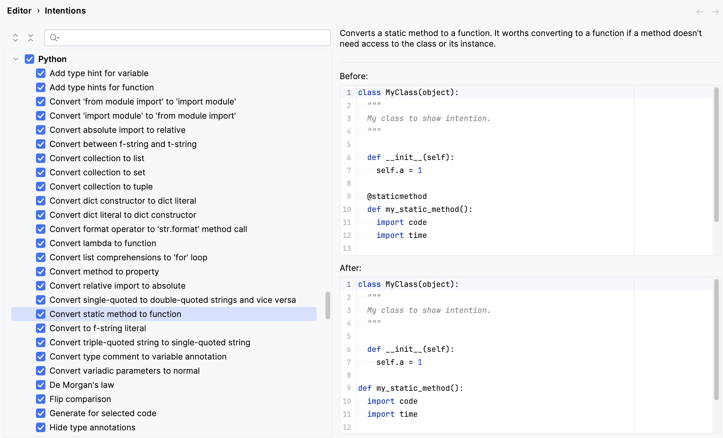 Settings of intention actions Settings of intention actions