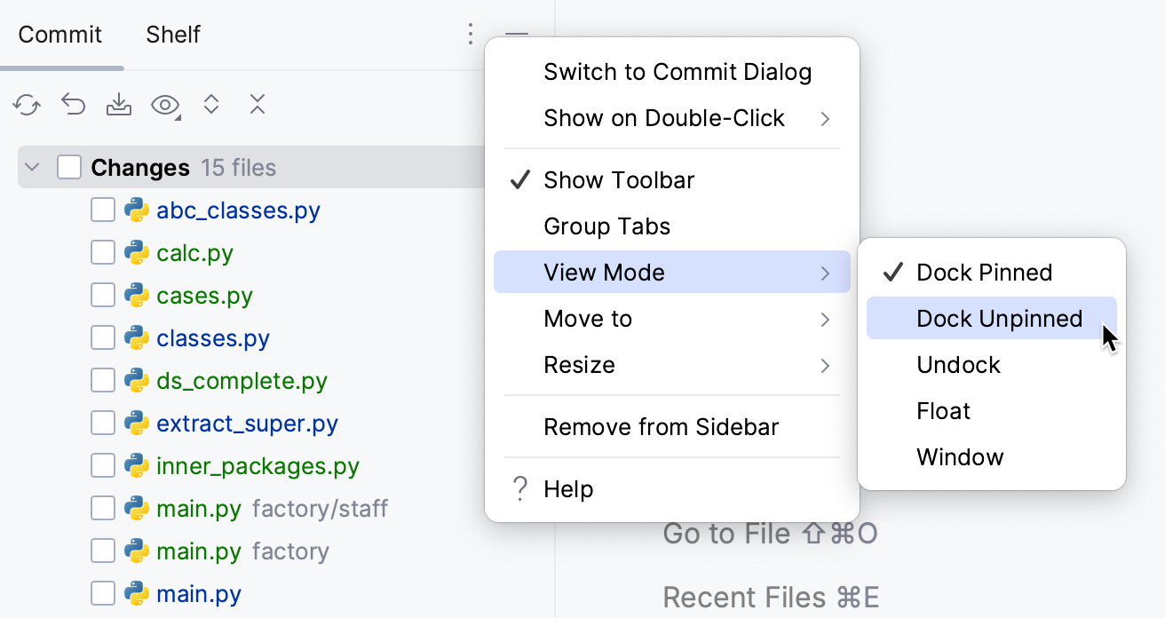 Tool window view mode Tool window view mode